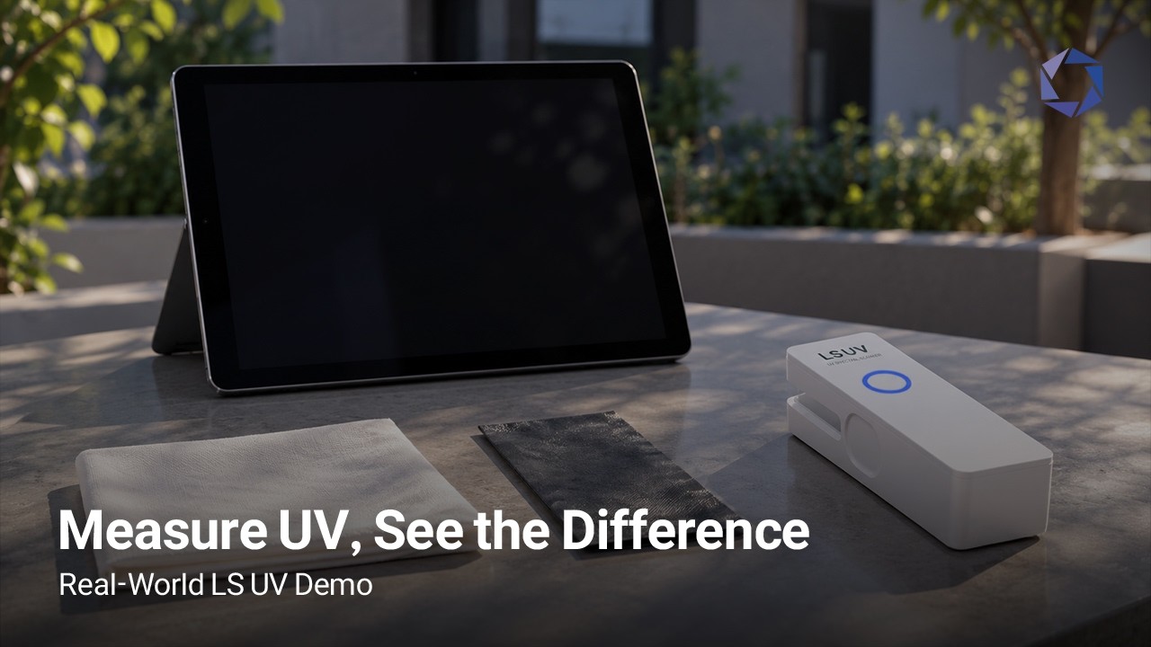 LS UV measuring textile and film samples beside a tablet