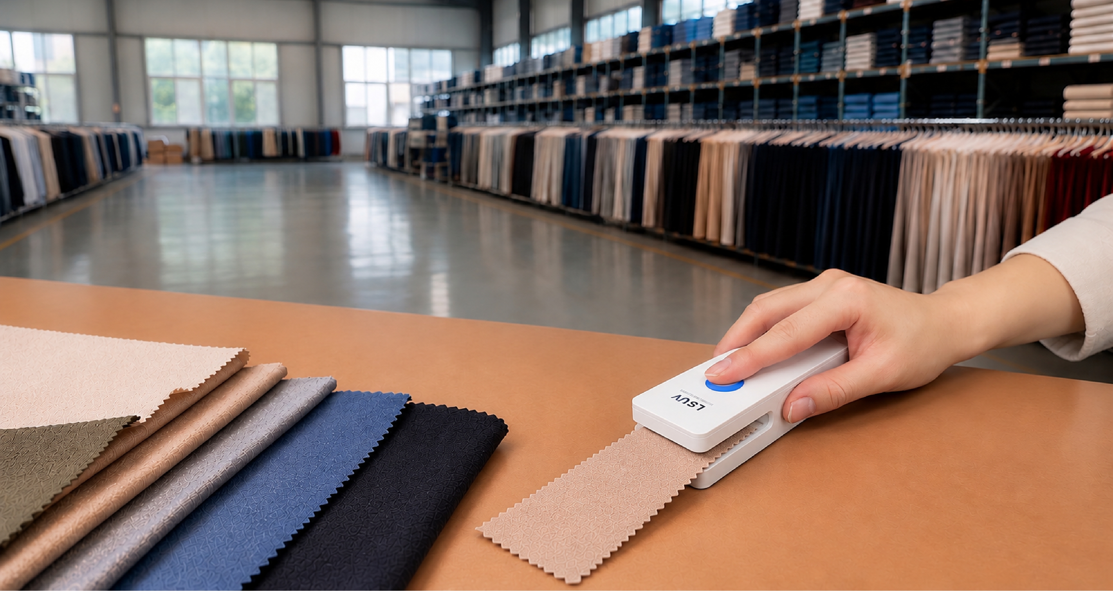 LS UV measuring a fabric sample in a textile showroom
